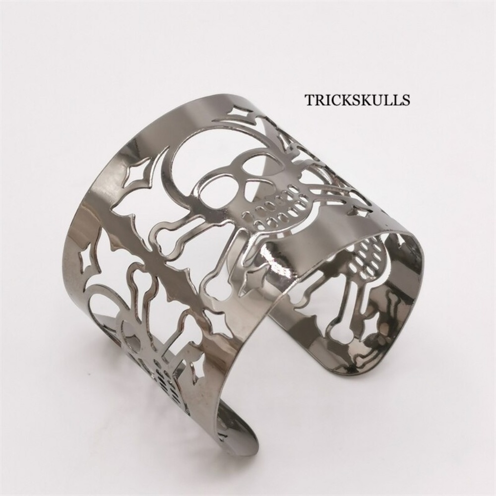 Laser Cut Skull Wrist Cuff Stainless Steel Adjustable Wrap 2 Inch Wide Bracelet